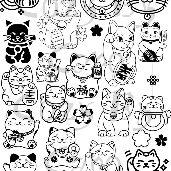 Multipack Lucky Cat SVG File for Cricut Maneki Neko Printable Files For DIY Vynil Japanese SVG Pack Cherry Blossom Sakura