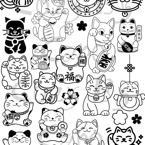 Multipack Lucky Cat SVG-bestand voor Cricut Maneki Neko afdrukbare bestanden voor DIY Vynil Japanse SVG Pack Cherry Blossom Sakura