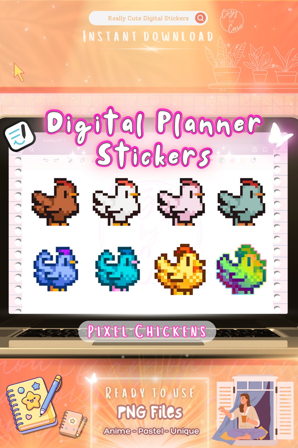 ピクセルチキン デジタルステッカー メモアプリ Goodnotes プランナーアイコンバンドル PNG画像ダウンロード デイリーマンスリー 2025  iPad Notability Stardew Valley - Etsy 日本