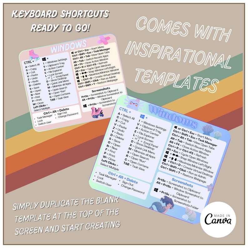 Keyboard Shortcut Sticker DIY Canva Template Cute Laptop Sticker Office Helpful Computer Keys