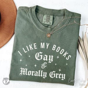 May include: A moss green Comfort Colors t-shirt with the text "I LIKE MY BOOKS Gay & Morally Grey" in white. A gold necklace with a pendant is draped on the shirt. The shirt is size S-P-CH.