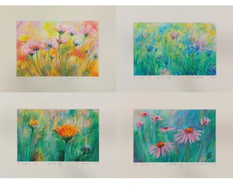 Prado de flores - dibujos en técnica de pastel al óleo