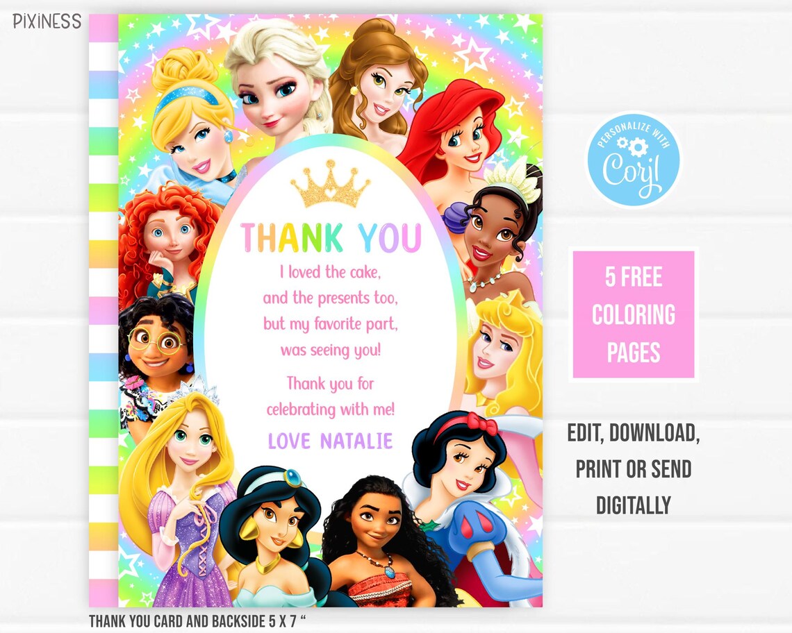Princess Birthday Thank You Card Editable Princess Thank You Card ...