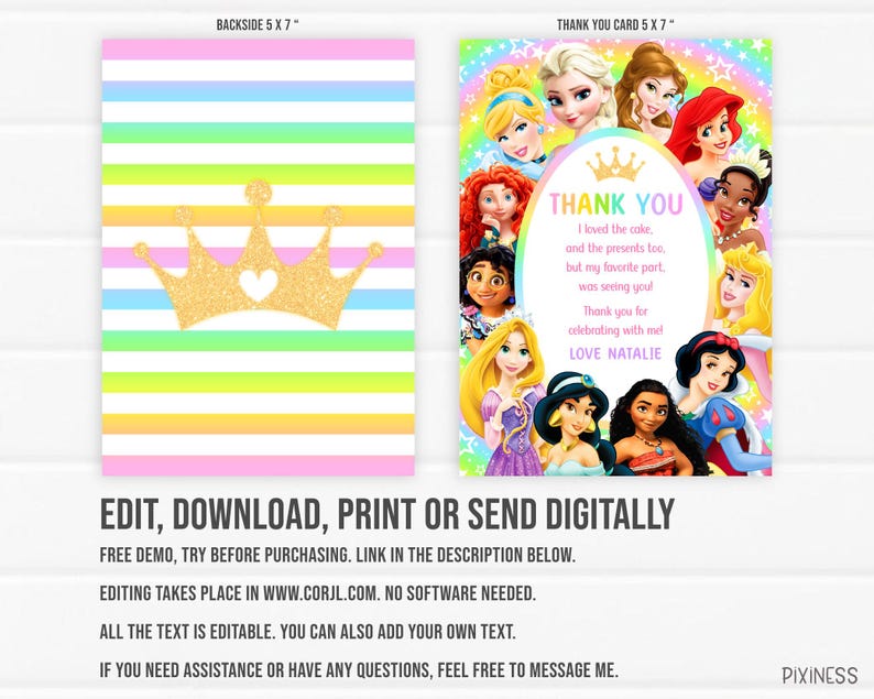 Princess Birthday Thank You Card Editable Princess Thank You Card ...