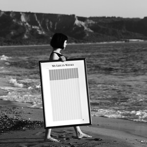 Puede incluir: Una persona de pie en una playa sosteniendo un cartel en blanco y negro que dice "My Life in Weeks".