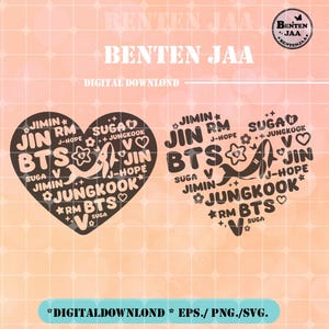 Op de afbeelding: Twee hartvormige digitale download ontwerpen. Elk hart bevat de tekst "BTS" en de namen van de bandleden: Jimin, Jin, RM, Suga, J-Hope, V en Jungkook. Het ontwerp bevat sterren en harten.