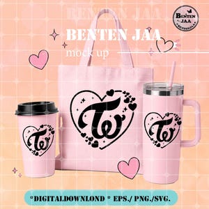May include: A pink tote bag, travel mug, and coffee cup set. Each item has a black heart design with the word "Twice" inside. The set includes a tote bag, a travel mug with a handle, and a coffee cup with a black lid. The text "BENTEN JAA" and "mock up" are visible.