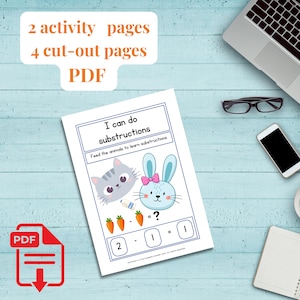 Hungry Animals Subtraction Fun: Printable Math Worksheets for Kindergarteners and Preschoolers. STEM, Montessori activity.