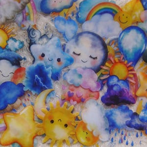May include: A collection of whimsical stickers featuring weather-themed designs. Includes smiling suns, clouds, stars, rainbows, and moons in vibrant colors. Perfect for scrapbooking, decorating, or adding a touch of cheer.