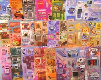 May include: A multi-panel sticker sheet featuring a collage of retro-inspired illustrations including vintage electronics, handheld gaming devices, cassette players, rotary phones, kitchen appliances, and various Japanese text elements in vibrant colors.