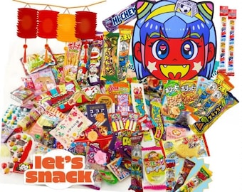 May include: A large assortment of colorful Japanese snack packages featuring various cartoon characters, text, and graphics. The collection includes candy, crackers, and treats, with a large illustrated character head at the top and the text let's snack at the bottom.