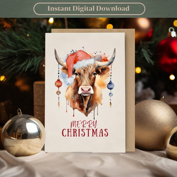 Highland Cow Christmas Card for Farmer Family Christmas Cow Card with Festive Cow Holiday Print Digital Download Merry Christmas Card