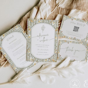 Plantilla de invitación de boda con flores silvestres, set de invitaciones de boda verde salvia, temática de jardín secreto, detalles clásicos y tarjeta de confirmación de asistencia.