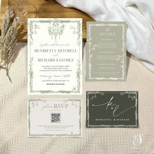Französischer Toile Hochzeitseinladungs-Set Blumen-Chinoiserie-Weinlese-grüne Hochzeitseinladungs-Reihe Hochzeits-Einladungs- Satz Vintage Rokoko wunderliche Garten-Hochzeits-klassisches Thema