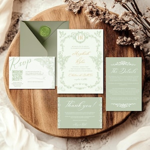 Conjunto de invitaciones de boda de toile francés con diseño floral chinoiserie verde salvia, conjunto de invitaciones de boda estilo rococó vintage, caprichoso jardín, boda, tema clásico