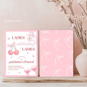 Druckbare Party Einladung Vorlage für Galentiner Tag Brunch-Einladung Coquette Cherry Valentinstag Einladung Rosa Schleife