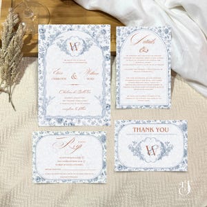 Französisches Blumen Hochzeitseinladungs Set mit Rsvp Vorlage Dusty Blau Toile De Jouy Chinoiserie Hochzeitseinladungsreihe Klassische Gartenhochzeit