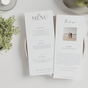 Plantilla editable de Canva para menú de cena de boda, plantilla digital minimalista moderna para menú de bar de boda y tarjeta de agradecimiento, tarjeta de lugar para evento de fiesta