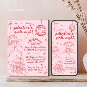 Invitación imprimible digital para fiesta del día de Galentine Brunch de Galentine Noche de chicas Cupido Martini Cerezas Tema Celebración de amigas