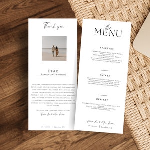 Modelo de menu de casamento simples Baixe o modelo de cartão de menu de casamento chique Menu de casamento minimalista 4x9 e cartão de agradecimento Menu de prato de casamento luxuoso