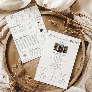 May include: Wedding ceremony programme with a simple design featuring black text on white paper. The programme includes the names Sophia and Michael, the wedding ceremony details, and the wedding party.