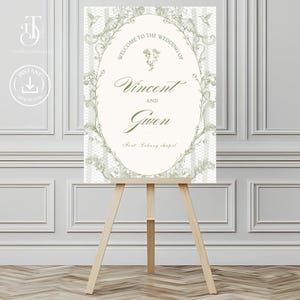 Letrero de bienvenida para boda con diseño chinoiserie floral verde salvia, paquete de señalización personalizada Toile de Jouy, plano de mesas y cronograma de recepción y ceremonia.
