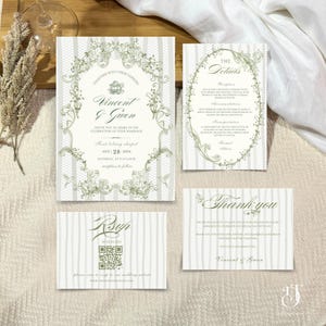 Französischer Toile Hochzeitseinladungs-Set Blumen-Chinoiserie-Weinlese-grüne Hochzeitseinladungs-Reihe Hochzeits-Einladungs- Satz Vintage Rokoko wunderliche Garten-Hochzeits-klassisches Thema