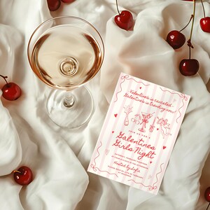 Druckbare Galentines Party Einladung Vorlage für Galentines Girls Night, handgezeichnetes Coquette Cherry Valentinstag Einladungs-Andenken