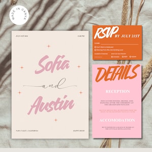 Retro Hochzeitseinladungs-Set Template Retro Stay Groovy Ball Einladungs-Set mit QR-Code Rsvp-Karte Pink Template Coral Motive Dekoration