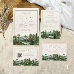 Benutzerdefinierte Hochzeit in den Bergen Download, Waldwald Einladung, Rustikale Hochzeitseinladung in Salbei Grün, Waldszene Thema, Rsvp