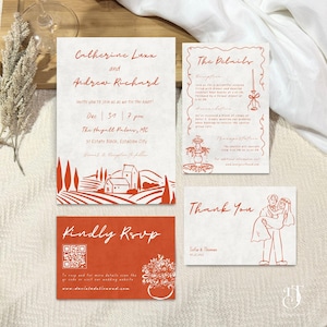 Modelo de convite de casamento italiano para download, cartão com detalhes em euros desenhado à mão, conjunto de convites de casamento na Costa Amalfitana, RSVP de teracotta com código QR