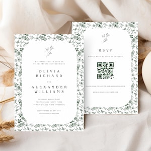 Conjunto de invitaciones de boda de toile francés con diseño floral chinoiserie verde salvia, conjunto de invitaciones de boda estilo rococó vintage, caprichoso jardín, boda, tema clásico