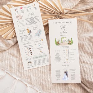 Peut inclure: Deux programmes de mariage imprimés sur du papier crème. Le programme de gauche présente une liste de "Nos chiens par numéros" et des "Faits amusants" sur le couple. Le programme de droite présente le texte "Le mariage de Kate et Andrew" et une illustration aquarelle d'une cérémonie de mariage avec une arche florale.