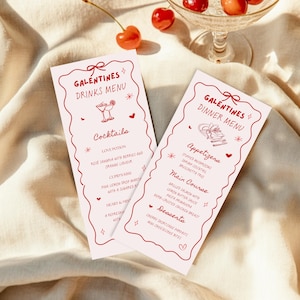 Galentinische Menükarten Vorlage, Kokettes Valentinstags-Menü, Handgezeichnetes Menü für Girls Night Party Decor Download, Digitale Menükarte für Party