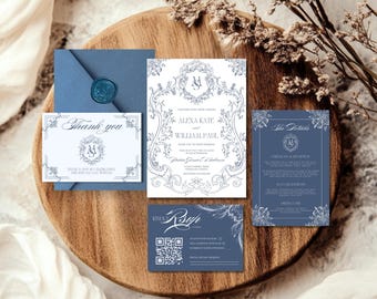Rococo Wedding Invitation Suite: Vintage Floral Chinoiserie (Canva Template)