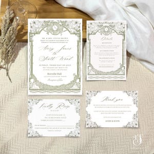 Franse toile bruiloft uitnodiging set bloemen chinoiserie salie groen bruiloft uitnodiging suite vintage rococo grillige tuin bruiloft klassiek thema