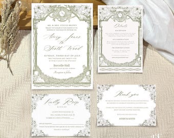 Può includere: Un set di quattro biglietti di invito di nozze con un design floreale e un motivo di orologio vintage. I biglietti includono l'invito, i dettagli, l'RSVP e i biglietti di ringraziamento. Il biglietto di invito recita "Avery Jones e Sooth Wood, domenica, terzo giorno di luglio, duemilaventicinque, Borcelle Hall, ricevimento a seguire".