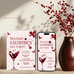 Cherry Martini Galentines Party einladen Cherry Vibe Printable Galentines Tageseinladung Mädchen-Nachtseinladung Valentinstagsparty