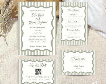 Boho Sage Green Wedding Invitation Set: Wavy Design (Canva Template)