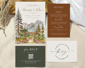 Mountain Wedding Invitation Suite: Rustic Forest Scene (Canva Template)