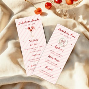 Handgezeichnete Galentines-Menükartenvorlage, Cherry Coquette-Valentinstagsmenü, Getränkemenüvorlage für Girls Night Party, Digitale Menükarte