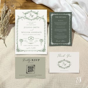 Set di inviti per matrimonio in toile francese, chinoiserie floreale, verde salvia, suite di inviti per matrimonio, stile rococò vintage, matrimonio in giardino stravagante, tema classico