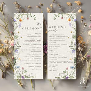 May include: Two wedding ceremony programs with floral borders. The left program lists the ceremony order, including prelude, processional, and scripture reading. The right program lists the wedding party, including parents, officiant, and bridesmaids. The programs are decorated with watercolor flowers.