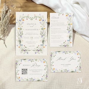 Pacchetto di inviti per matrimonio con fiori selvatici, dettagli del matrimonio con codice QR, biglietto di risposta, suite per matrimonio floreale in stile bohémien, matrimonio rustico in stile bohémien, verde salvia