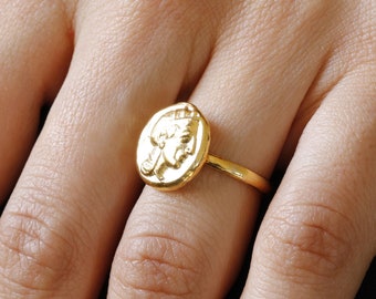 Anel de moeda de prata 925 banhado a ouro 24K Athena, feito à mão, minimalista, exclusivo, delicado, presente feminino, anel de arte de guerreiro extravagante