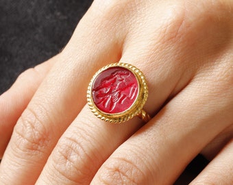 Pièce de monnaie Gémeaux en plaqué or 24 carats Chevalière en taille-douce, corde torsadée, bague en argent, fait main, bijoux fantaisie, bague bohème, bague design art zodiaque