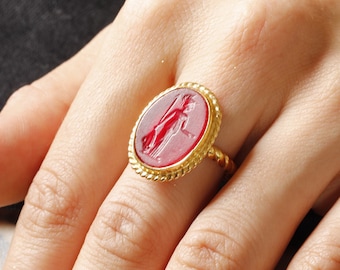 Witch Coin Signet 24K Gold Plated 925 Silver Ring Glass Intaglio Turkish Fine Jewelery Unique Dainty Gothic Ring Wicked Art Design Ring