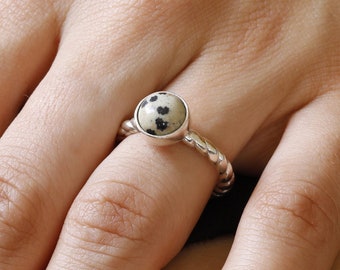 Two Tone Natural Dalmatian Jasper Anti-Tarnish 925 Sterling Silver Ring Birthday Gift, Fashion Jewelry Braided Ring Best Friend's Gift