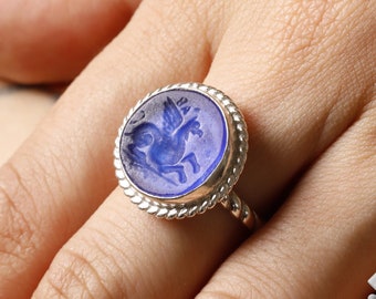 Pegasus Horse Greek Coin 925 Silver Signet Ring Ancient Glass Intaglio  Fashion Jewelry Mythological Gifts for Girlfriend Rings for Women