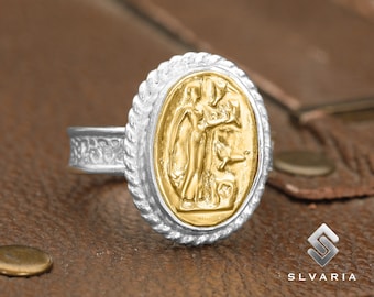 Ring godin Venus Aphrodite, gerhodineerd en 24-karaats vergulde ring, oud-Griekse muntring, 925 sterlingzilveren ring, zegelring